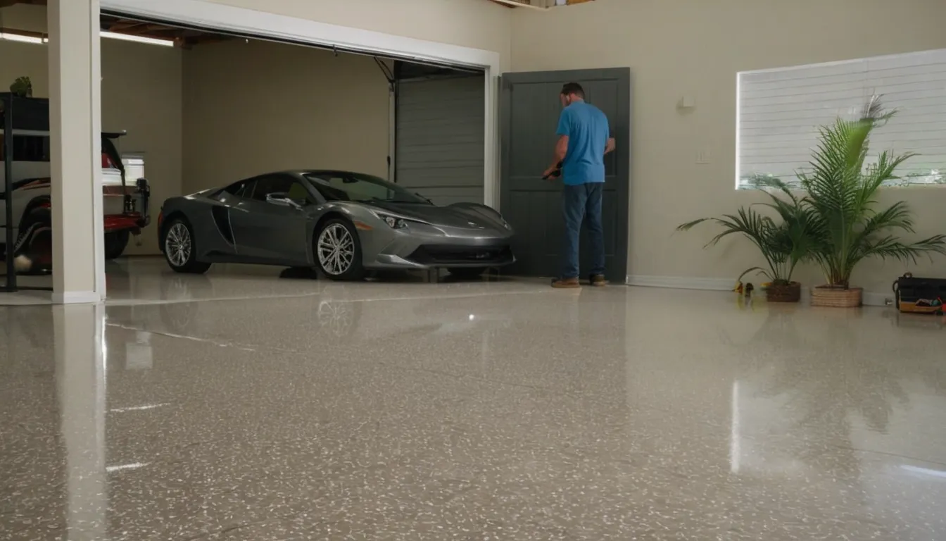 Freshly coated epoxy garage floor with flake finish in a Tampa home